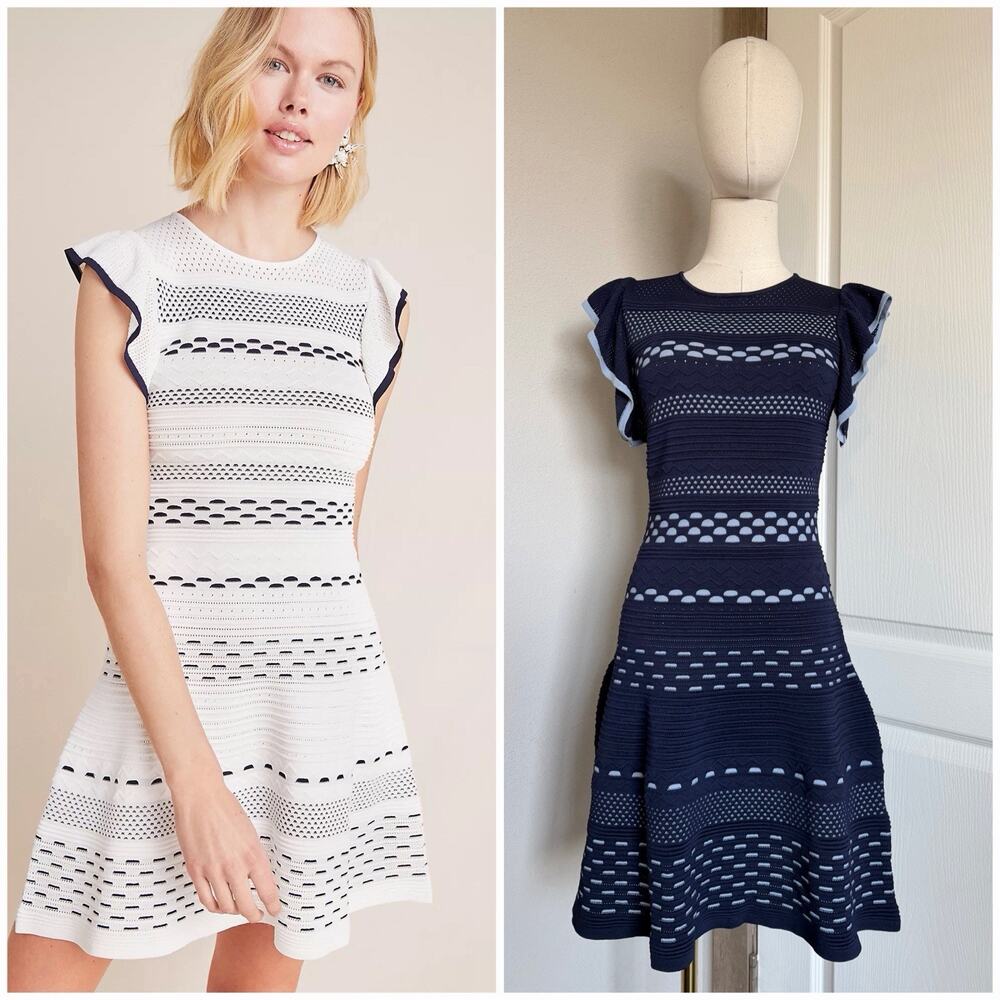 Shoshanna Anthropologie Sz M Navy Flutter Sleeve Knit Nunzia A-line Mini Dress